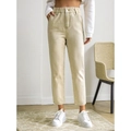 Jeans dritti a vita alta da donna in beige con elastico in vita e bottone in metallo - S / Cachi