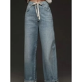 Jeans a gamba larga celeste a vita alta con coulisse bianca e orli risvoltati - S / Azzurro