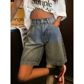 Bermuda in denim blu scuro a vita alta con vestibilità ampia e dritta da donna - S / Azzurro