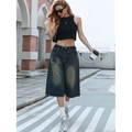 Pantaloncini di jeans larghi grigio scuro lavato da donna con finitura vintage e cintura - XL / Blu Nostalgico