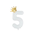 White number 5 foil balloon with a small golden crown for birthday party decor - White Number 5 With Gold Crown / 32 inch