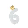 White number 6 balloon with a small golden crown decoration for birthday parties - White Number 6 With Gold Crown / 32 inch