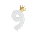 White number 9 foil balloon with decorative gold crown for birthday party decor - White Number 9 With Gold Crown / 32 inch