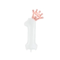 White number 1 balloon decorated with rose gold crown for first birthday party - White Number 1 With Rose Gold Crown / 32 inch