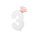 White number 3 foil balloon with a rose gold crown topper for 3rd birthday party decor - White Number 3 With Rose Gold Crown / 32 inch