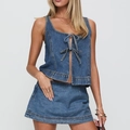 Ensemble deux pièces en denim délavé bleu moyen avec haut court et mini-jupe assortie - S / Haut Et Bas