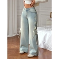 Jeans a gamba larga in denim azzurro a vita alta con nastri bianchi intrecciati - S / Verde petrolio