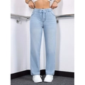 Jeans dritti a vita alta azzurri da donna con coulisse regolabile e vita elasticizzata - XS / Celeste