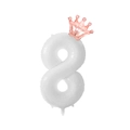 White number 8 foil balloon with a rose gold crown decoration for birthday parties - White Number 8 With Rose Gold Crown / 32 inch