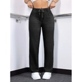 Jeans dritti a vita alta da donna grigio scuro con coulisse in vita ed elastico comodo - XS / Nero