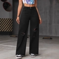 Women's black high-waisted distressed wide leg jeans with ripped knees in street style - XS / Black
