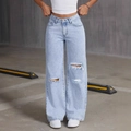 Women's high waist wide leg ripped jeans in light blue washed denim with street style - XS / Light Blue