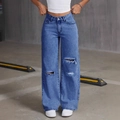Women's high-waisted wide-leg jeans in medium blue wash with distressed knee rips - XS / Dark Blue