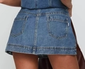 Classic back view of a blue washed denim mini skirt with pockets and detailed stitching - S / Single Skirt / Blue