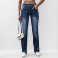 Dunkelblaue Damen-Jeans mit hohem Bund, geradem Bein, Doppelknopf und Vintage-Waschung - S / Dunkelblau
