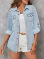 Detail of light blue denim shirt featuring metal buttons and twin flap chest pockets - XS / Light Blue