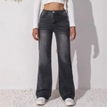 Jean femme taille haute à jambe large, coloris gris délavé avec coupe droite vintage - S / Noir