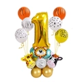 Golden number 1 balloon column with safari animal balloons for baby 1st birthday decor - Number 1