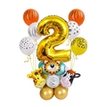 Jungle themed 2nd birthday golden number balloon column with safari animal balloons - Number 2
