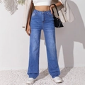 Klassische blaue High-Waist-Jeans mit geradem Bein, Vintage-Waschung und Bleicheffekten - S / Blau