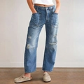 Damen Baggy Jeans in mittlerer Waschung mit Patchwork-Details und markanten Löchern - XS / Blau