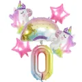 Regenbogen Einhorn Party Luftballon Set mit Zahl 0 und rosa Sternballons - 6 Stk. Einhorn Regenbogen Set - Nummer 0