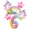 Set palloncini compleanno unicorno con numero 6 arcobaleno e stelle in pellicola d'alluminio - Set 6 pezzi Unicorno Arcobaleno - Numero 6