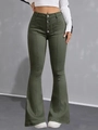Dettaglio dei jeans a zampa verde oliva a vita alta con bottoni multipli e cuciture frontali - S / Verde Militare