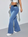 Side view of high-waisted flare jeans with elastic slimming waistband and denim fabric - XS / Bottoms / Light Blue