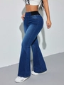 Women high waisted flare jeans in dark blue wash with elastic waistband and side panels - XS / Bottoms / Dark Blue