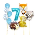 Blue number 7 balloon set with woodland fox, squirrel, raccoon, and hedgehog foil balloons - Blue Forest Animal - Number 7