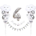 Set 4° compleanno argento con palloncini a nuvola sorridente e striscioni appesi - Decorazione Nuvola Sorriso (Numero 4)