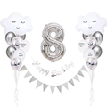 Set per l'8° compleanno in argento e bianco con palloncini a nuvola e striscione - Decorazione Nuvola Sorriso (Numero 8)