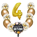 Set palloncino numero 4 oro con foil Happy Birthday nero e paillettes dorate - Set Oro Numero Quattro