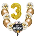 Set palloncini 3° compleanno con numero 3 dorato, coriandoli e palloncini in lattice - Set Oro Numero Tre