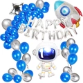 Outer space birthday balloon kit with astronaut, rocket foil, and blue latex balloons - Astronaut Balloon Chain Collection