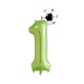 Green number 1 foil balloon with soccer ball top for first birthday party decoration - Number 1