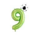 Green number 9 foil balloon with classic black and white soccer ball for party decor - Number 9