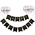 Dettaglio dello striscione Happy Birthday dorato e palloncini con paillettes argento - Striscione Nero Coda di Rondine + Palloncini Confetti Argento