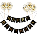 Kit striscione Happy Birthday nero e oro con palloncini in lattice con coriandoli - Striscione Nero Coda di Rondine + Palloncini Confetti Nero Oro Bianco