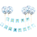 Dettaglio dello striscione Happy Birthday con lettere dorate e palloncini con paillettes - Striscione Blu Coda di Rondine + Palloncini Confetti Tema Bimbo