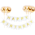 Striscione Happy Birthday bianco e oro con set di palloncini in lattice con coriandoli - Striscione Bianco Coda di Rondine + Palloncini Confetti Oro