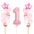 Pink number 1 balloon set with star foils and confetti latex balloons for baby girl birthday - Pearlescent Pink First Birthday