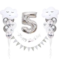 Set palloncini numero 5 argento con nuvole bianche e striscione di buon compleanno - Decorazione Nuvola Sorriso (Numero 5)