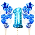 Close-up of blue number 1 balloon set with stars, confetti and star-shaped balloons - Printed Blue First Birthday