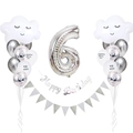 Set palloncino numero 6 argento con nuvole sorridenti bianche e striscione compleanno - Decorazione Nuvola Sorriso (Numero 6)