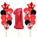 Detail of red number 1 balloon set with star foil and latex confetti balloons for birthday - Red First Birthday