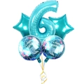 Close-up of blue mermaid birthday balloon set featuring a number 6 and starfish designs - Number 6