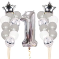 Silver number 1 balloon set with stars and silver confetti latex balloons for baby shower - Silver First Birthday