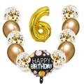 6th birthday balloon set with gold number 6, black round balloon and confetti latex balloons - Gold Number Six Set